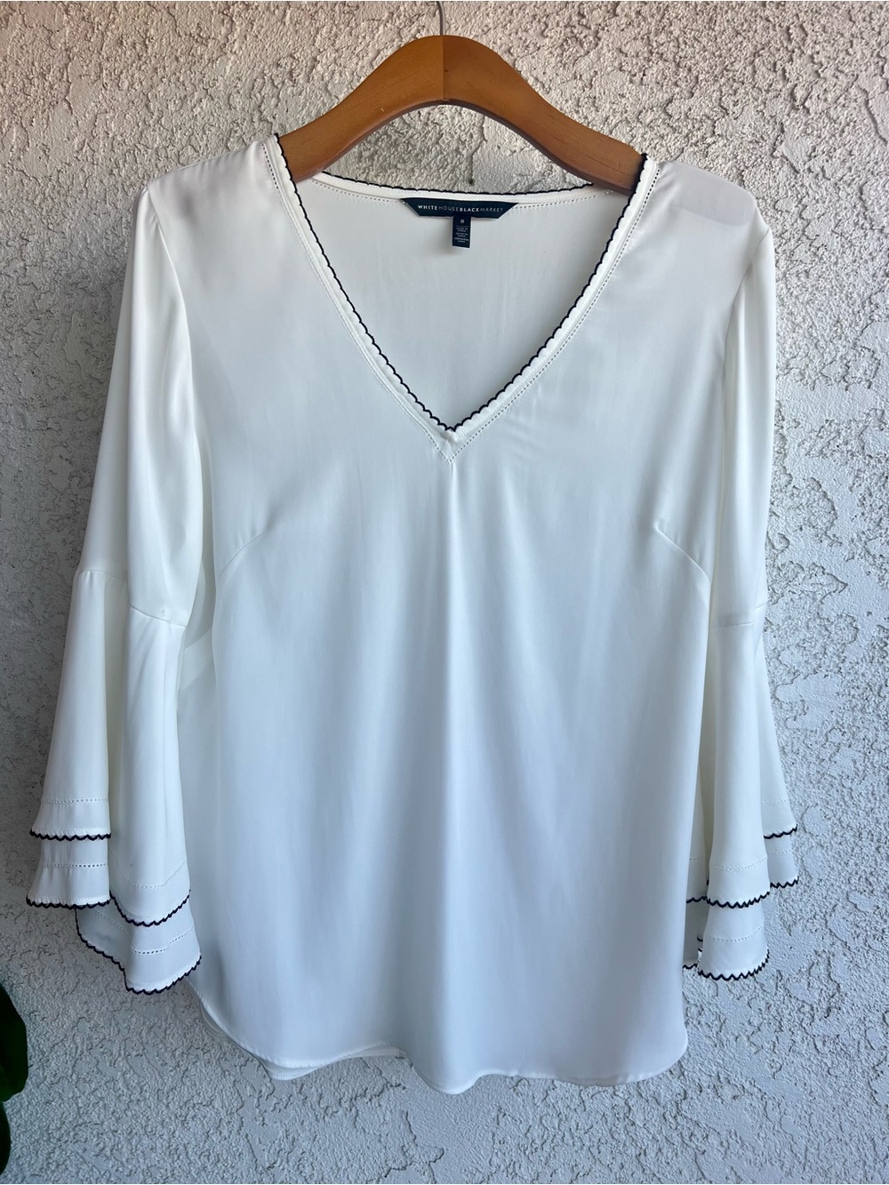 White House Black Market White V-Neck Blouse with Black Trimmed Ruffled Sleeves
